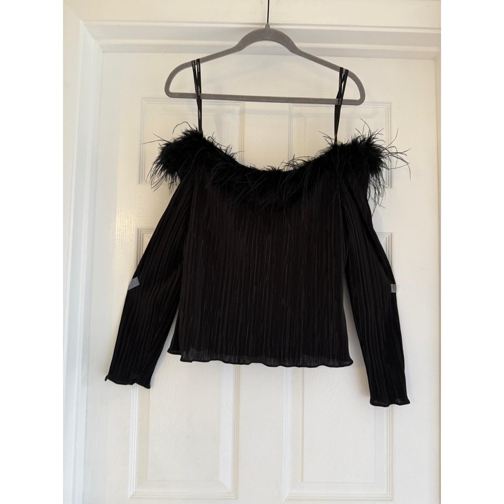 CACHET Black Off The Shoulder Ostrich Feather Trim Top Pleated Blouse M/L